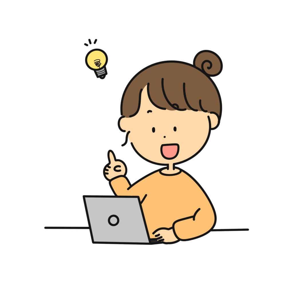 パソコンの前で閃いている女性のイラスト
