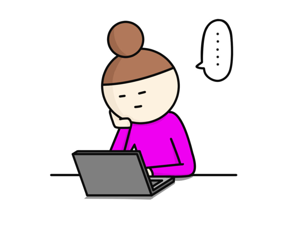 パソコンの前で考える女性のイラスト
