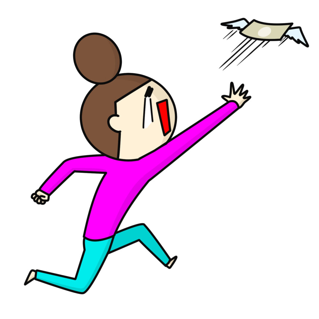 飛んでいくお金を追いかける女性のイラスト